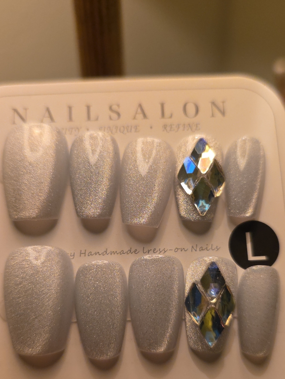 Press-On Nails Set - Silver Holographic Gem Accent - Size Large